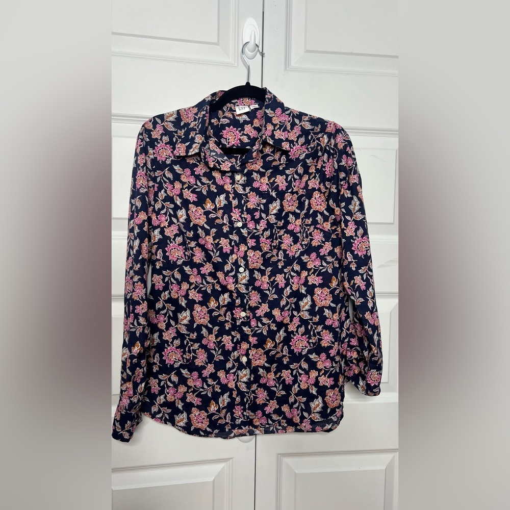 GAP Floral Button-Up Blouse Size Medium Navy Pink Long Sleeve Lightweight Top